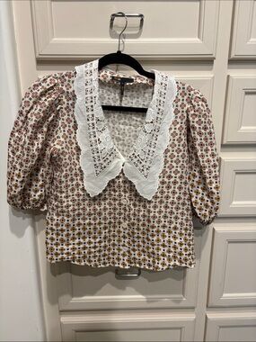 Maje Cream Floral Puff-Sleeve Blouse with Lace Collar